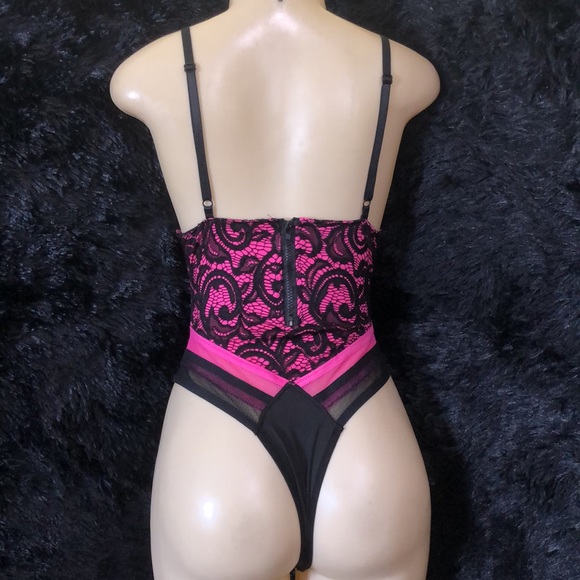 Pink & Black Lace Bodysuit with Bottom Closure - Picture 4 of 11